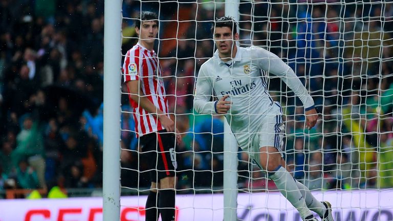 Alvaro Morata of Real Madrid CF celebrates scoring their second goal 