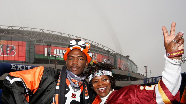 LONDON, ENGLAND - OCTOBER 30: A Bengals' and Redskins' fan beofre kick off during the NFL International Series match between Washington Redskins and Cincin