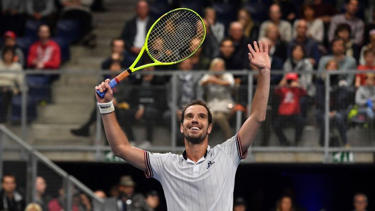 France's Richard Gasquet celebrates after winning the final tennis match against Argentina's Diego Schwartzman at the ATP European Open in Antwerp on Octob