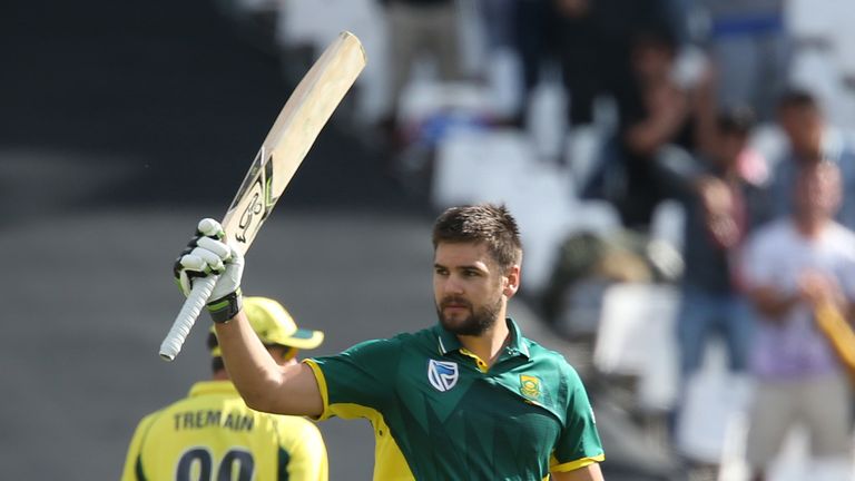 Rilee Rossouw celebrates reaching a century at Cape Town