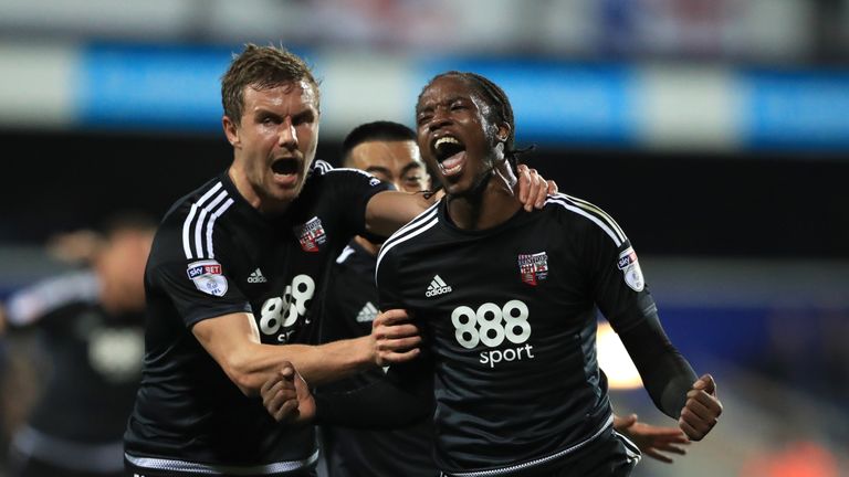 Brentford's Romaine Sawyers celebrates scoring his side's second goal of the game during the Sky Bet Championship match at Loftus Road, London.