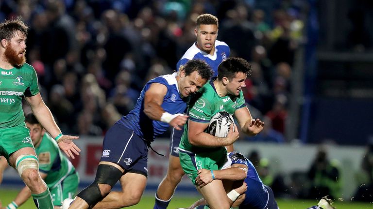 Leinster's Isa Nacewa (left) and Jamison Gibson-Park tackle Cian Kelleher