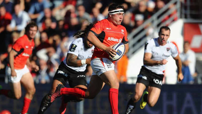 Jamie George breaks with the ball against Toulon