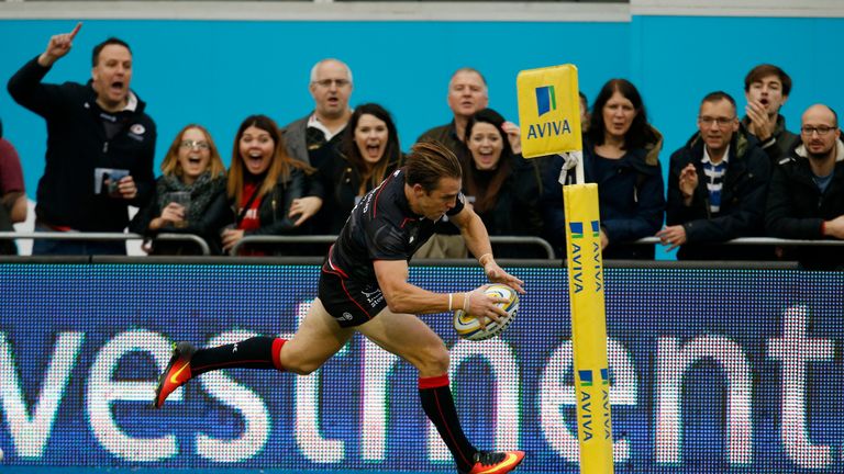 Saracens' Chris Wyles scores their first try during the Aviva Premiership match at Allianz Park.