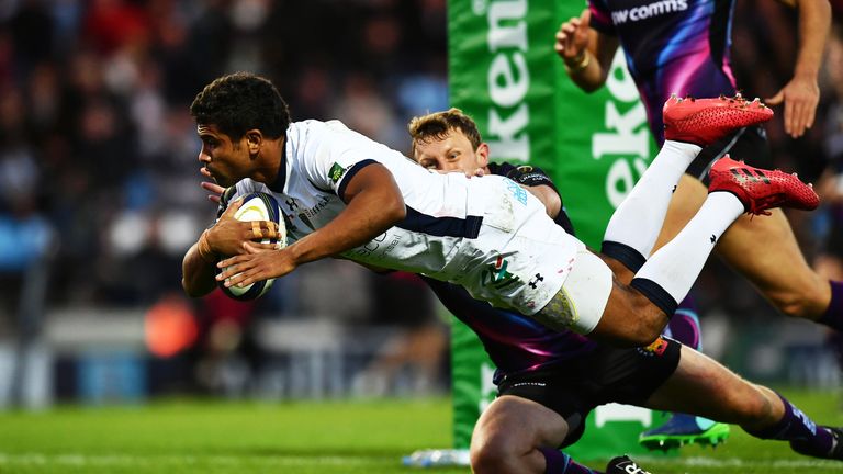 Wesley Fofana dives over for his first try against Exeter