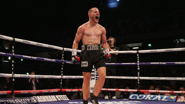 LONDON, ENGLAND - APRIL 30:  Ryan Walsh celebrates victory over James Tennyson after their British Featherweight Championship contest at Copper Box Arena o