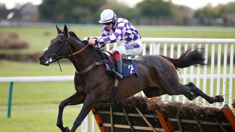 Sam Twiston-Davies riding Coillte Lass clear the last to win the bet365.com Mares' 'National Hunt Maiden Hurdle at Hereford