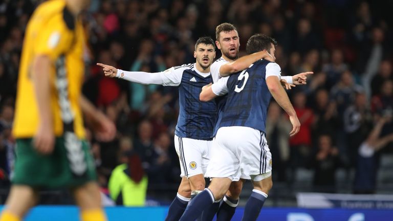 GLASGOW, SCOTLAND - OCTOBER 08: James McArthur of Scotland celebrates after he scores during the FIFA 2018 World Cup Qualifier between Scotland and Lithuan