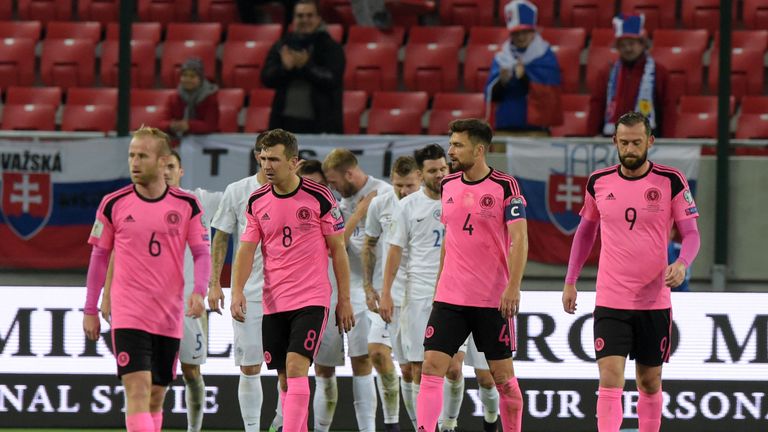Scotland players dejected after Adam Nemec scores Slovakia's third goal