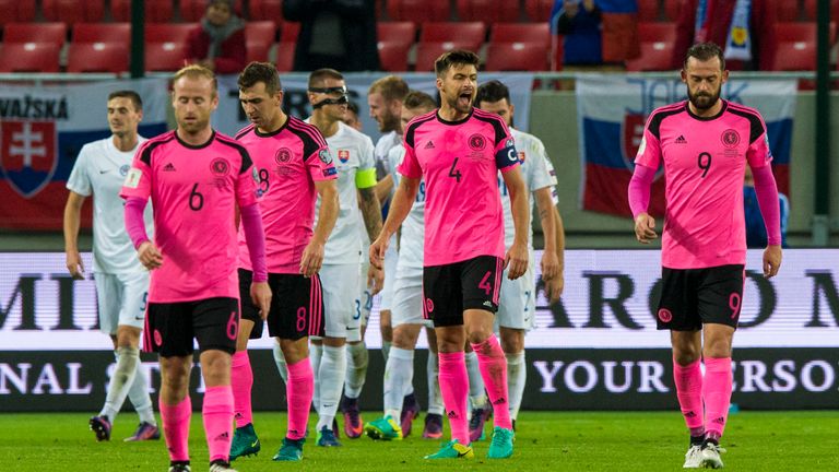 Scotland stand dejected as Slovakia's Adam Nemec scores his side's third