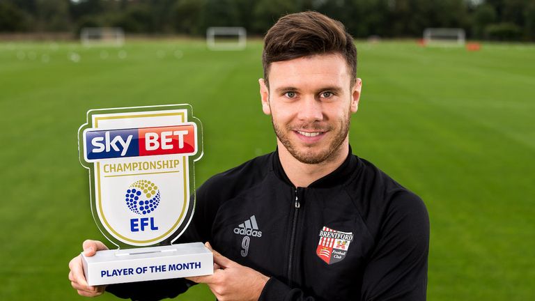 Scott Hogan of Brentford receives The Sky Bet Championship Player of the Month for September - Mandatory by-line: Robbie Stephenson/JMP - 