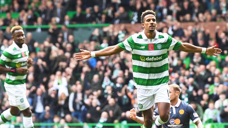 Scott Sinclair celebrates his seventh league goal in eight games for Celtic in the 2-0 win over Motherwell