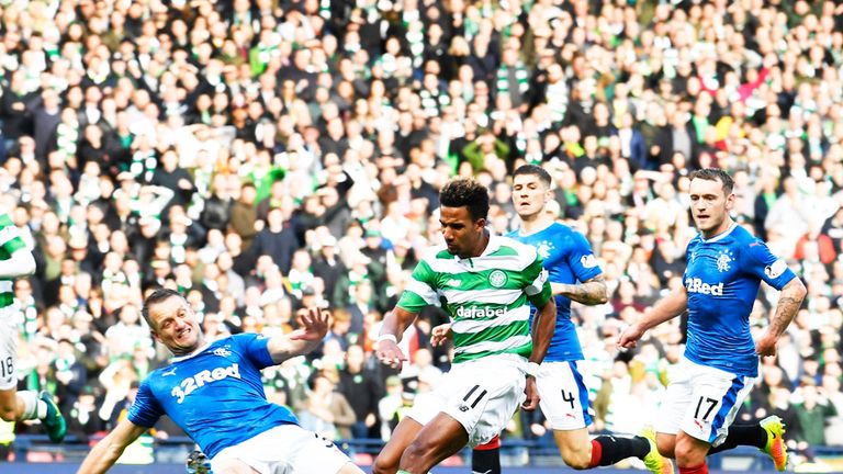 Celtic winger Scott Sinclair hits a low shot which was saved by Rangers 'keeper Matt Gilks