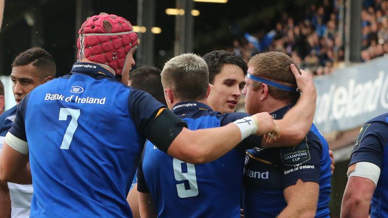 Leinster's Josh van der Flier congratulates teammate Sean Cronin on his try during the European Champions Cup, pool four match at the RDS Arena, Dublin.