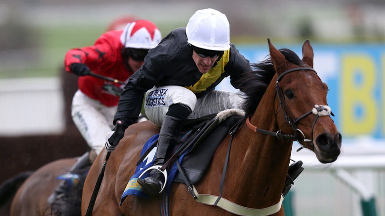 Seeyouatmidnight ridden by Brian Hughes goes on to win The BetBright Realfansonly Novicesâ Chase during the New Year's Day meeting at Cheltenham Racec