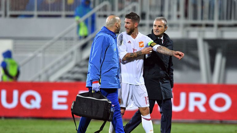 Spain's Sergio Ramos leaves the pitch after injury during the FIFA World Cup 2018 qualification football match Albania vs Spain at the Loro-Borici stadium 