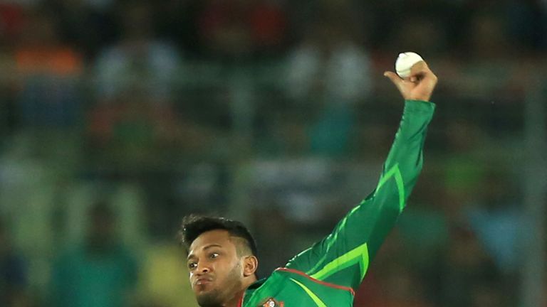 Bangladesh cricketer Shakib Al Hasan delivers a ball during the second one day international (ODI) cricket match between England and Bangladesh at the Sher