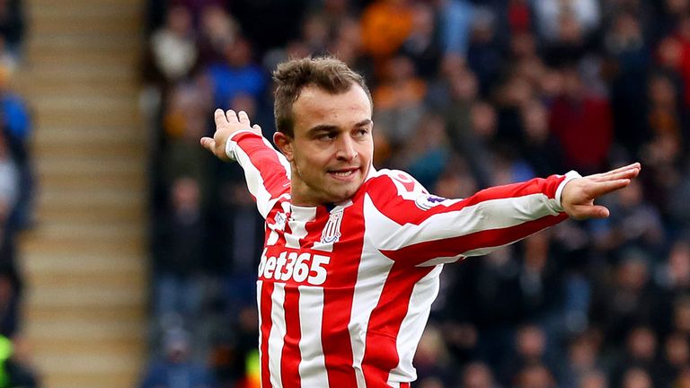 HULL, ENGLAND - OCTOBER 22:  Xherdan Shaqiri of Stoke City celebrates scoring his team's second goal during the Premier League match between Hull City and 