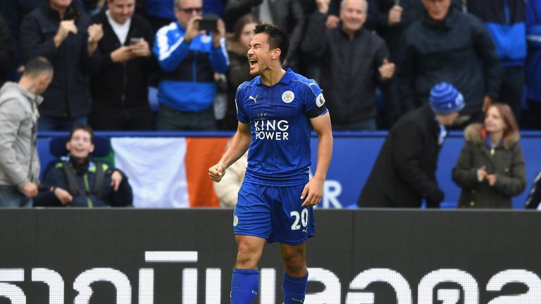 Shinji Okazaki of Leicester City celebrates scoring his sides second goal during the Premier League match between Leicester and Crystal Palace
