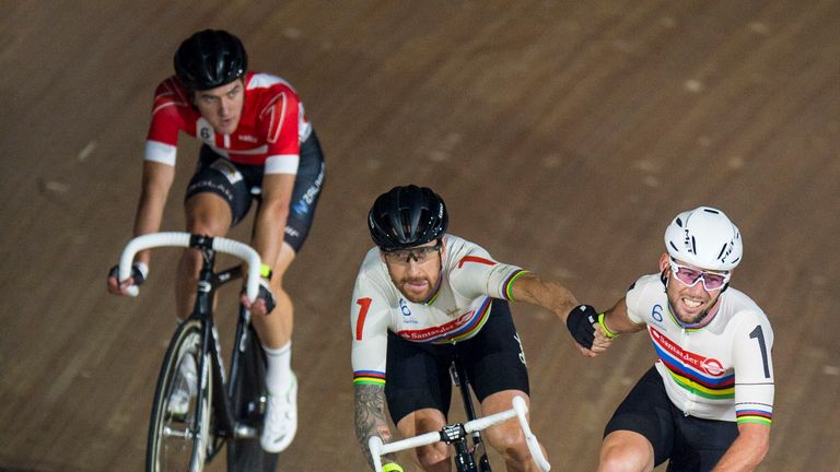 Sir Bradley Wiggins and Mark Cavendish of Great Britain competes in the Madison Chase Six Day London 