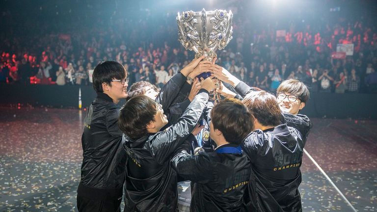 SKT celebrate their third League of Legends World Championship