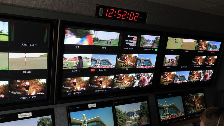 ABU DHABI, UNITED ARAB EMIRATES - JANUARY 28:  Inside the television production trucks for Sky Sports, European Tour Productions and Golf Channel during th