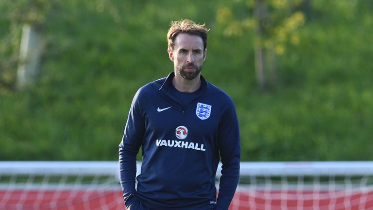 England's caretaker manager Gareth Southgate leads a training session at England's training facility at St George's Park in Burton-upon-Trent, in central E