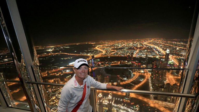 Stacy Lewis enjoys the views from the observation deck of the Burj Khalifa - the world's tallest building