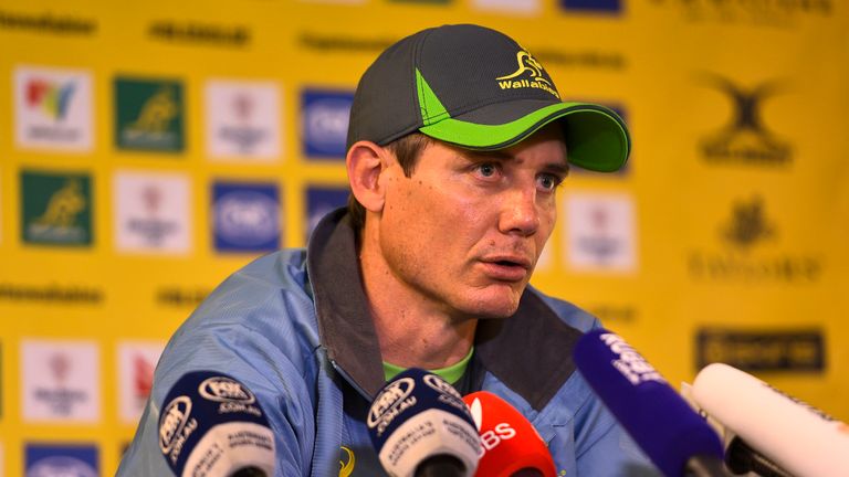 SYDNEY, AUSTRALIA - AUGUST 19:  Stephen Larkham speaks to the media during an Australian Wallabies captain's run at ANZ Stadium on August 19, 2016 in Sydne