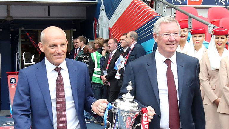 Former managers Alex Ferguson and Steve Coppell of Crystal Palace bring out the FA Cup  ahead of the 2016 FA Cup final