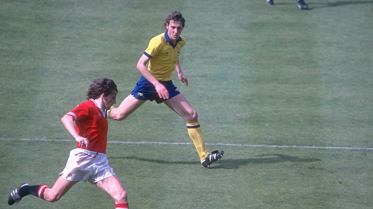 May 1979:  Steve Coppell (left) of Manchester United evades Sammy Nelson of Arsenal during the FA Cup final at Wembley Stadium in London. Arsenal won the m