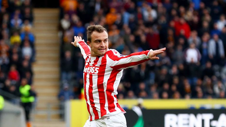 HULL, ENGLAND - OCTOBER 22:  Xherdan Shaqiri of Stoke City celebrates scoring his team's second goal during the Premier League match between Hull City and 