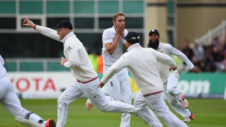 NOTTINGHAM, ENGLAND - AUGUST 06:  Stuart Broad of England looks on in disbelief at Ben Stokes after his amazing catch to dimiss Adam Voges of Australia dur