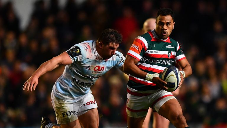 LEICESTER, ENGLAND - OCTOBER 23:  Telusa Veainu of Leicester Tigers is tackled by Camille Chat of Racing 92 during the European Rugby Champions Cup match b