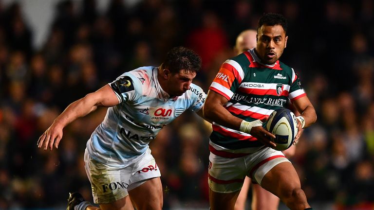 LEICESTER, ENGLAND - OCTOBER 23:  Telusa Veainu of Leicester Tigers is tackled by Camille Chat of Racing 92 during the European Rugby Champions Cup match b