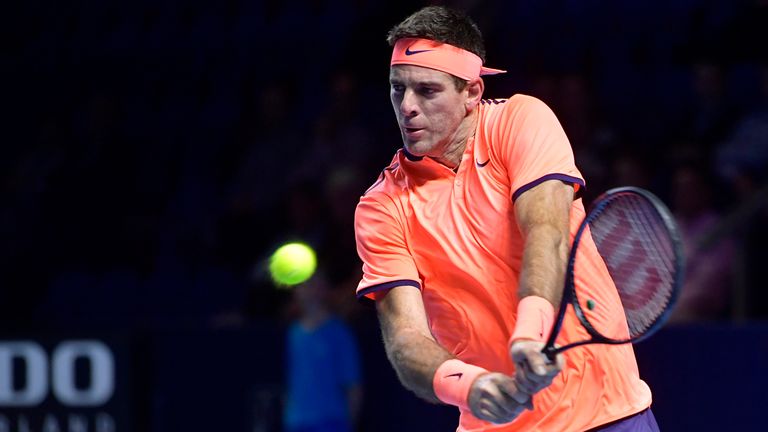 Juan Martin Del Potro of Argentina in action during the Swiss Indoors ATP 500 tennis tournament match against David Goffin