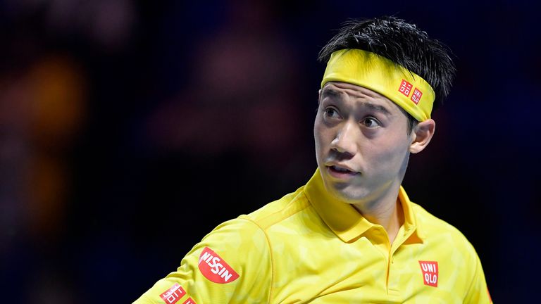 Kei Nishikori of Japan looks on during the Swiss Indoors ATP 500 tennis tournament match against Juan Martin Del Potro