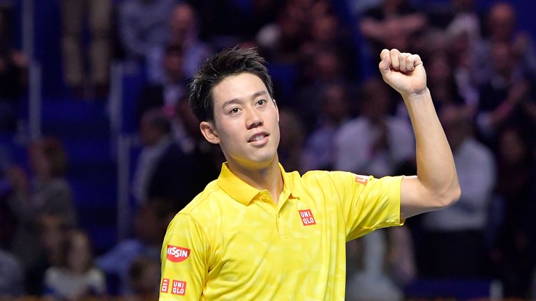 Kei Nishikori of Japan celebrates his victory during the Swiss Indoors ATP 500 tennis tournament semi-final match