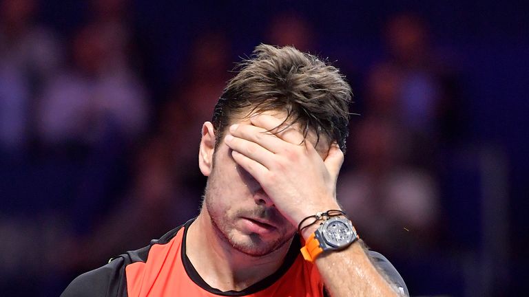 Stan Wawrinka of Switzerland reacts during the Swiss Indoors ATP 500 tennis tournament match against Mischa Zverev