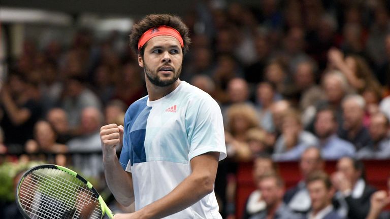 French Jo-Wilfried Tsonga reacts during his semifinal match against Croatia's Ivo Karlovic at the ATP tennis tournament in Vienna