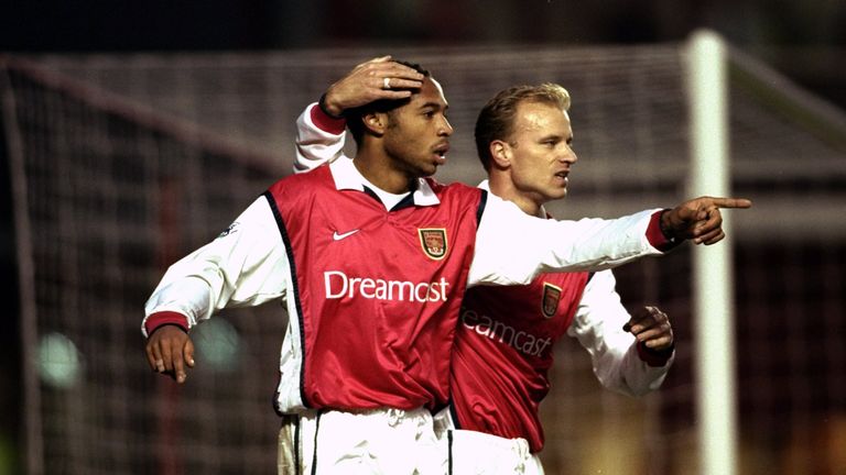 28 Nov 1999:  Thierry Henry of Arsenal celebrates his goal with team mate Dennis Bergkamp during the FA Carling Premiership match against Derby County at H