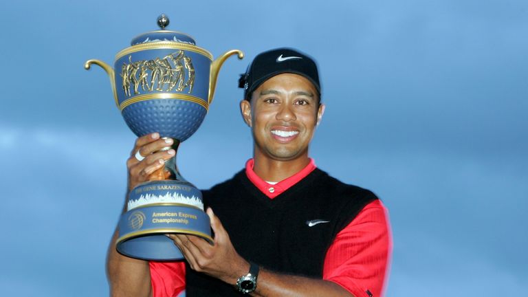 WATFORD, UNITED KINGDOM - OCTOBER 01:  Tiger Woods of USA poses with The Gene Sarazen Cup following his victory in the final round of the WGC American Expr