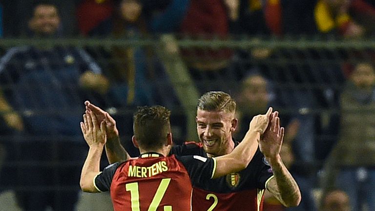 Belgium's Toby Alderweireld (R) celebrates with Belgium's Dries Mertens after scoring  during the Fifa WC 2018 football qualification match between Belgium