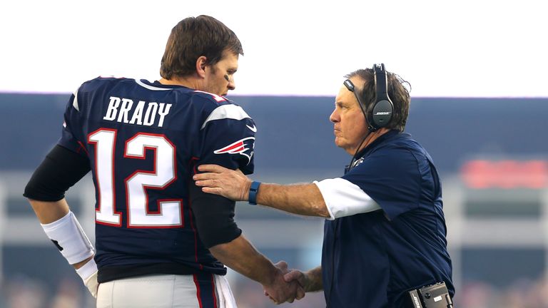 FOXBORO, MA - JANUARY 16: Tom Brady #12 and head coach Bill Belichick of the New England Patriots shake hands at the start of the AFC Divisional Playoff Ga