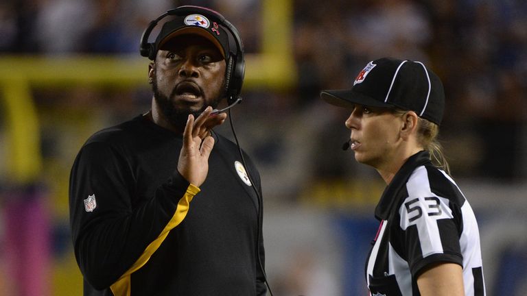 SAN DIEGO, CA - OCTOBER 12:  Head coach Mike Tomlin of the Pittsburgh Steelers talks to line judge Sarah Thomas during a game against the San Diego Charger