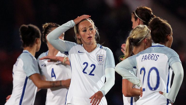 England Women's Toni Duggan (centre) and team-mates after the International Friendly match at the Keepmoat Stadium, Doncaster.