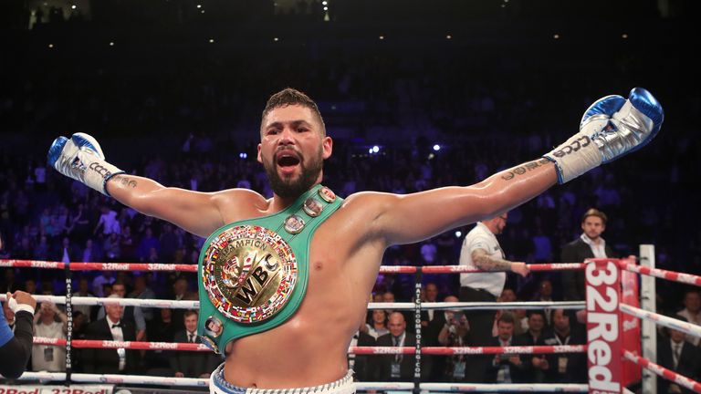 Tony Bellew celebrates victory over BJ Flores for the WBC World cruiserweight title at the Echo Arena, Liverpool. PRESS ASSOCIATION Photo. Picture date: Sa
