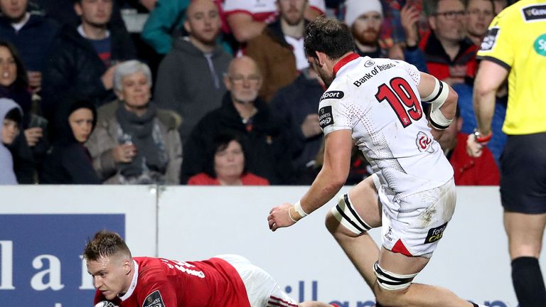Rory Scannell scores a try just before half-time at the Kingspan Stadium