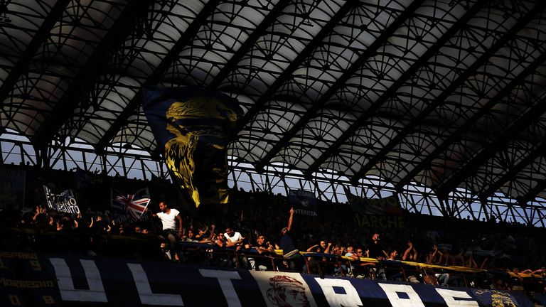 Inter Milan's supporters (Ultras) cheer their team during the Italian Serie A football match Inter Milan Vs Juventus on September 18, 2016 at the 'San Siro