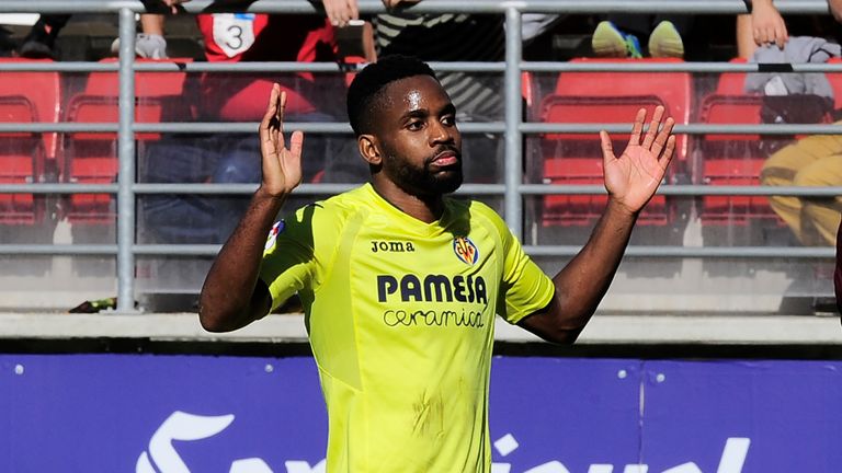 Villarreal's French forward Cedric Bakambu gestures during  the La Liga match against Eibar
